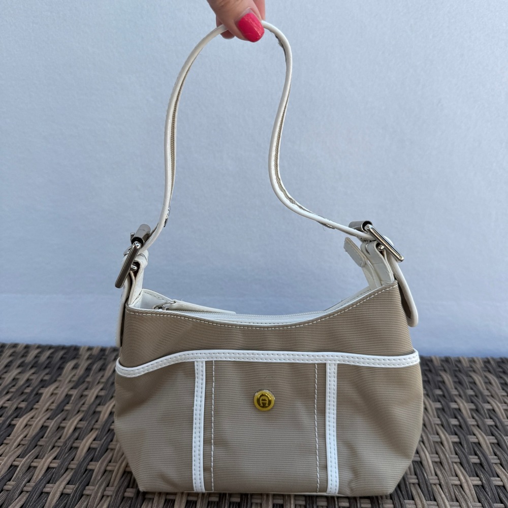 Etienne Aigner Mini Shoulder Bag Beige White Nylon Y2K Pink Lining
